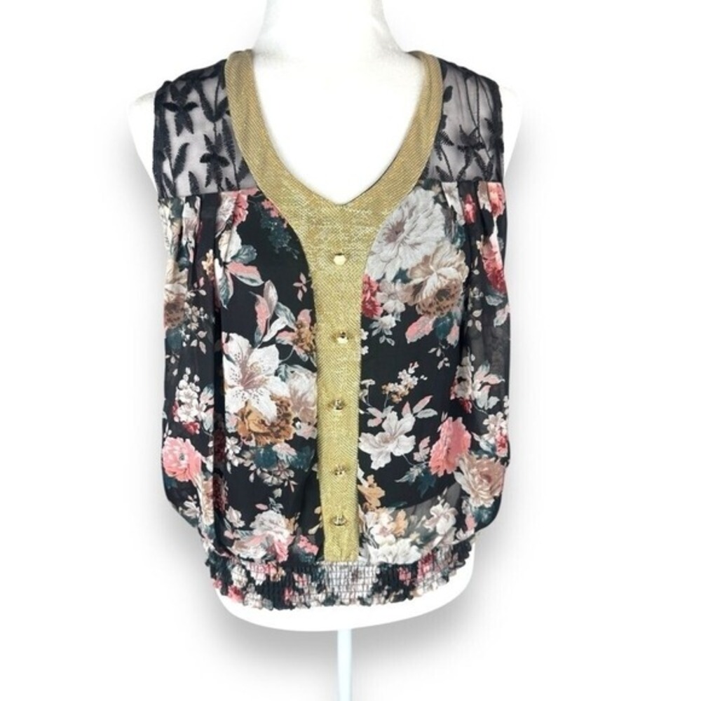 Jin Yuan Asian Lace Floral Top Womens Size Large Gold Sheer Earthy Artsy Fairy